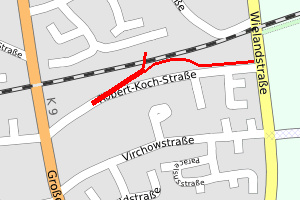 Lage Uferkamp (dünne Linie), Verlauf Robert-Koch-Straße in den 1970ern (dicke Linie)