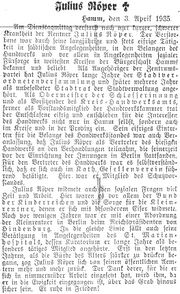 Presseartikel vom 03.04.1935 zum Tod von Julius Röper
