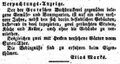 Verpachtungsannonce von Elias Marks über mehrere Gärten und Wohnungen in Hamm, Rheinisch-Westfälischer Anzeiger vom 21. Februar 1823